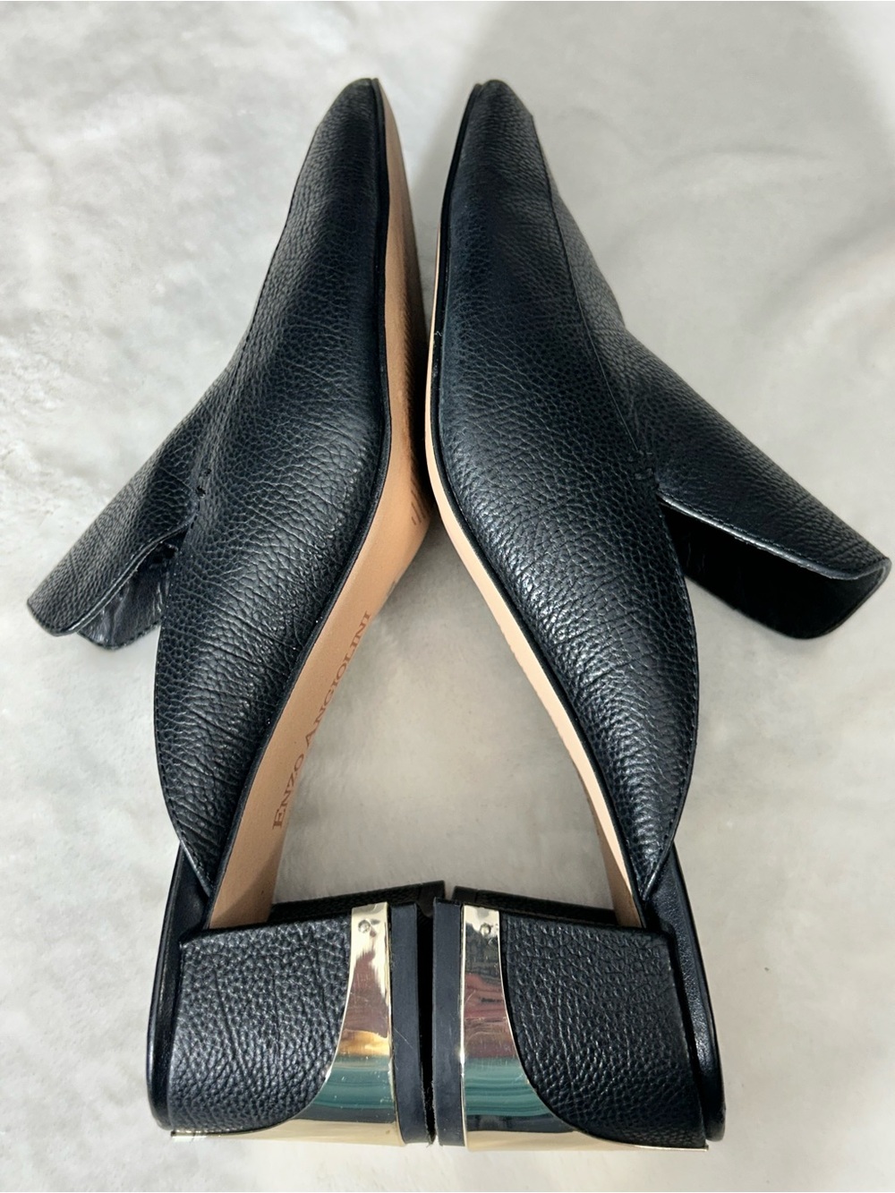 Enzo Angiolini Black Pointed Leather Backless Mules Gold Details Size 7 - Picture 10 of 14